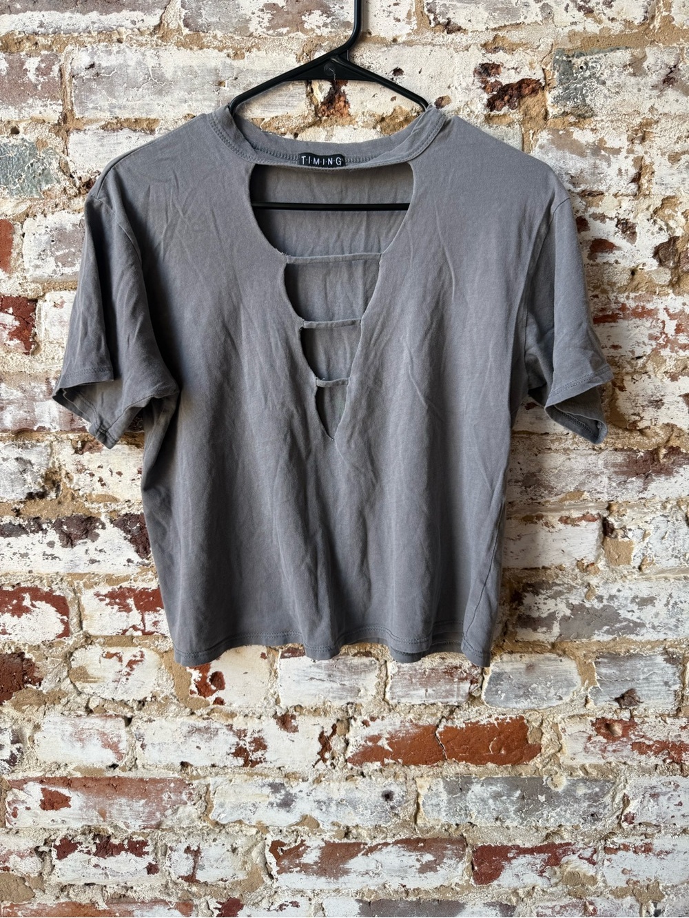 Timing Gray Short Sleeve Top with Front Ladder Cutouts